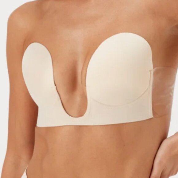 Strapless Invisible Push Up Plunge Bra-stick on~sz DD Nude - Picture 1 of 11